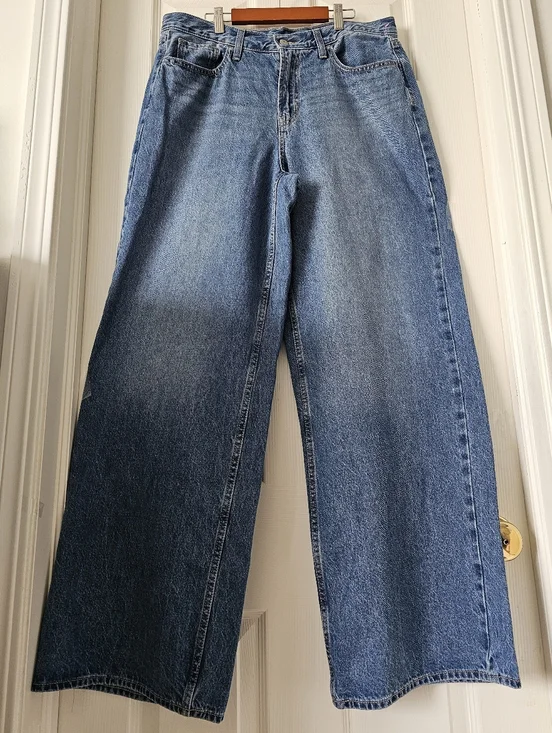 OLD NAVY 100% Cotton Wide-Leg Mid-Rise WOW Baggy Womens Jeans Washed Blue Sz 12T - Picture 3 of 16